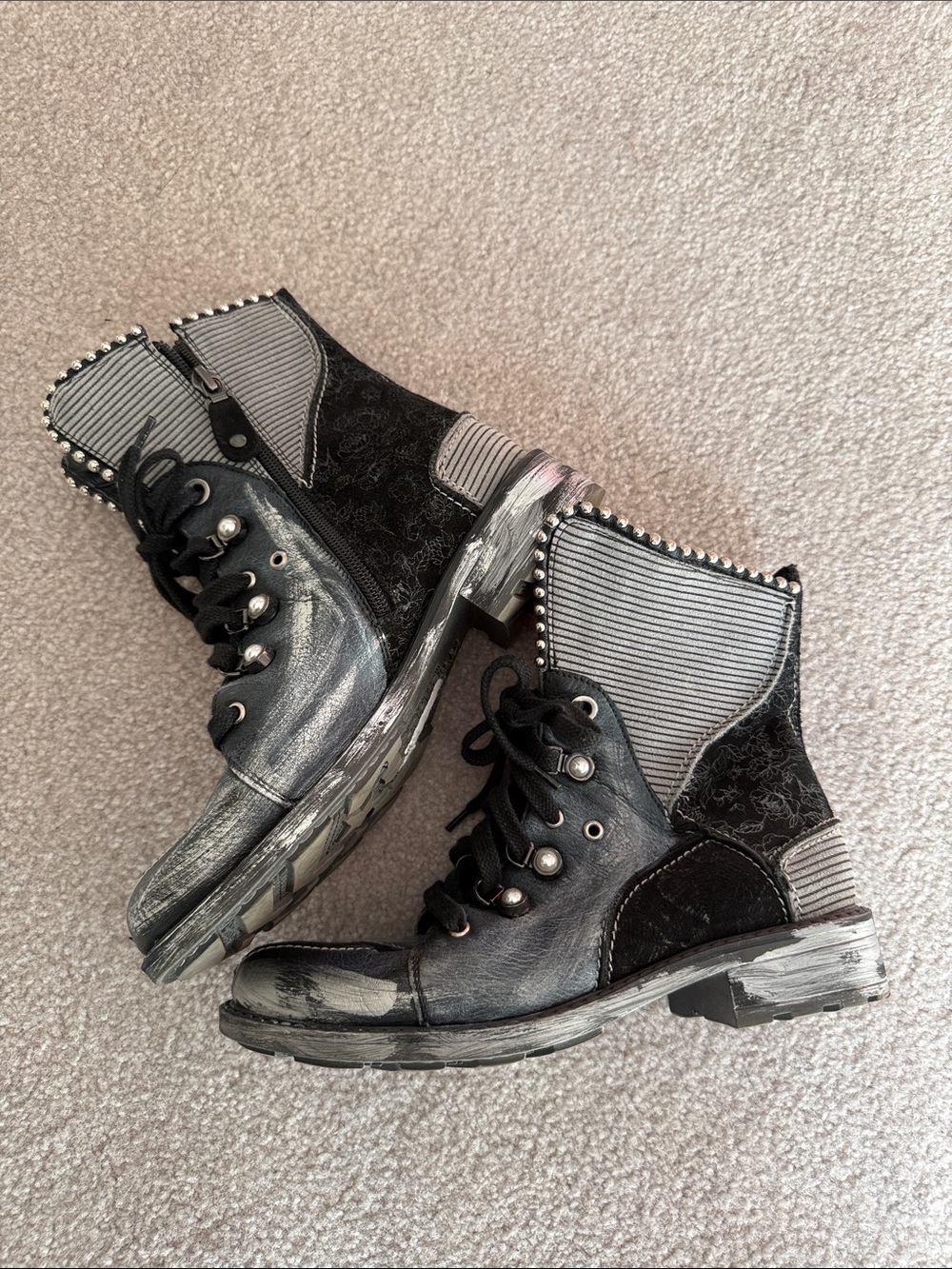 Women’s Black Lace-Up Metallic Combat Boots with Stud Trim